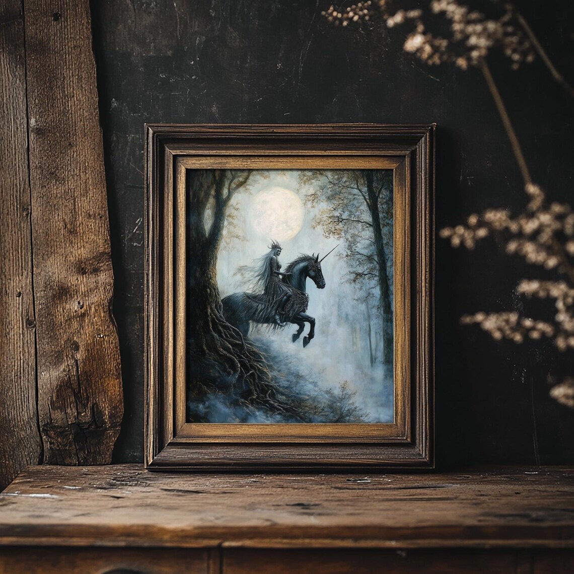 Forest Guardian Woman Riding Black Unicorn Moonlit Misty Night Print - Image 6