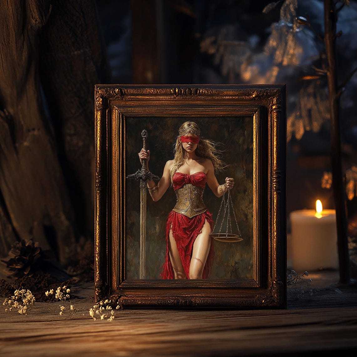 Justitia Justice Goddess In Red With Sword And Scales Art Print - Image 6