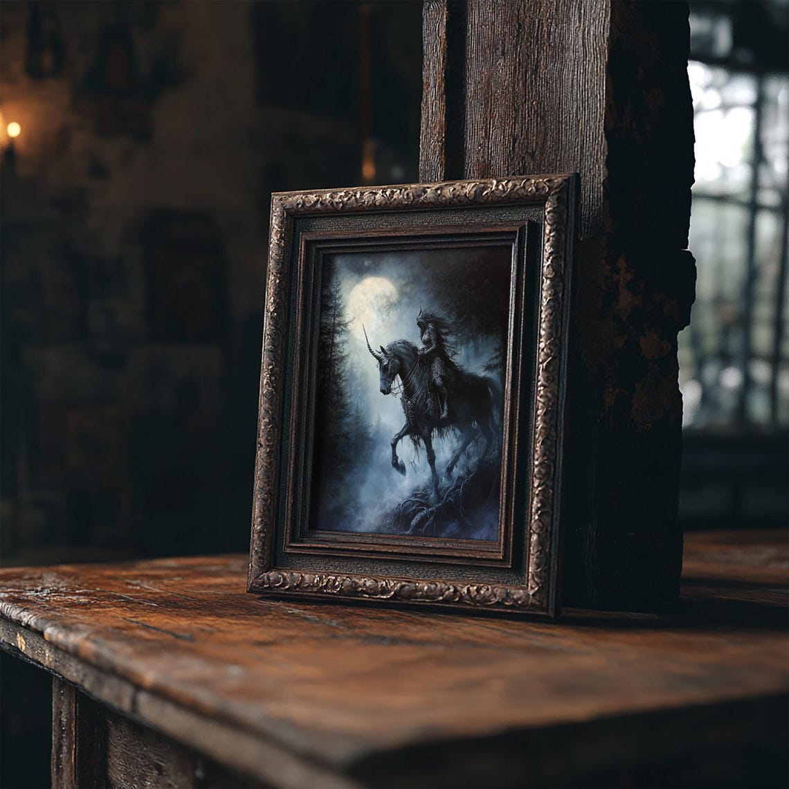 Dark Forest Guardian Riding Black Unicorn Under Full Moon Print - Image 4