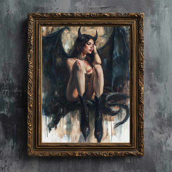Lilith Nude Goddess Fantasy Art Print, Horned Dragon