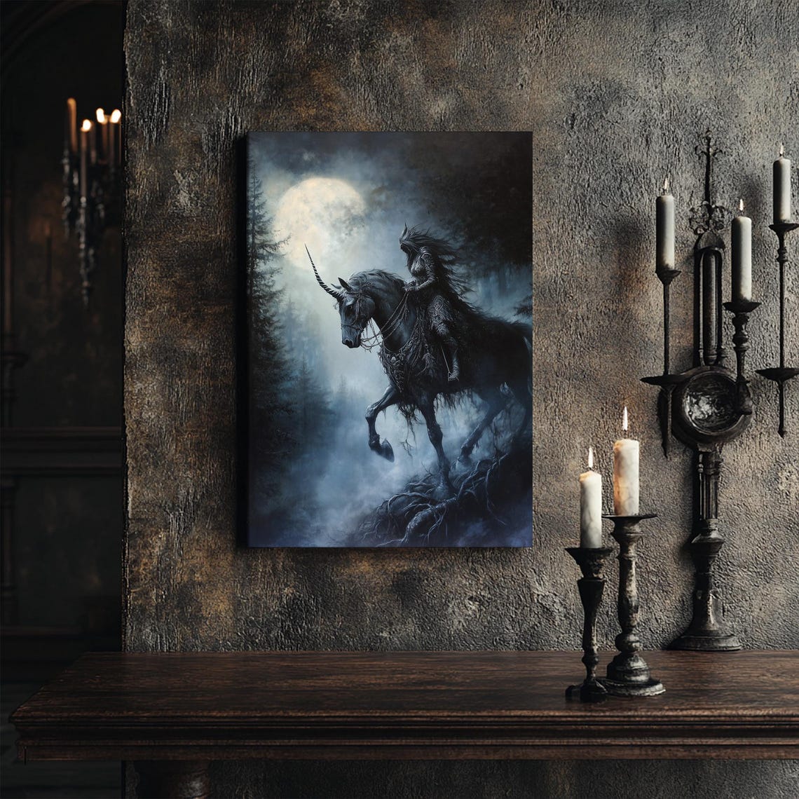Dark Forest Guardian Riding Black Unicorn Under Full Moon Print - Image 2