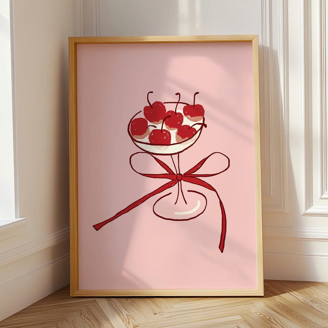 Cherry Cocktail Coupe With Red Bow Pink Bar Cart Trendy Wall Poster - Image 3