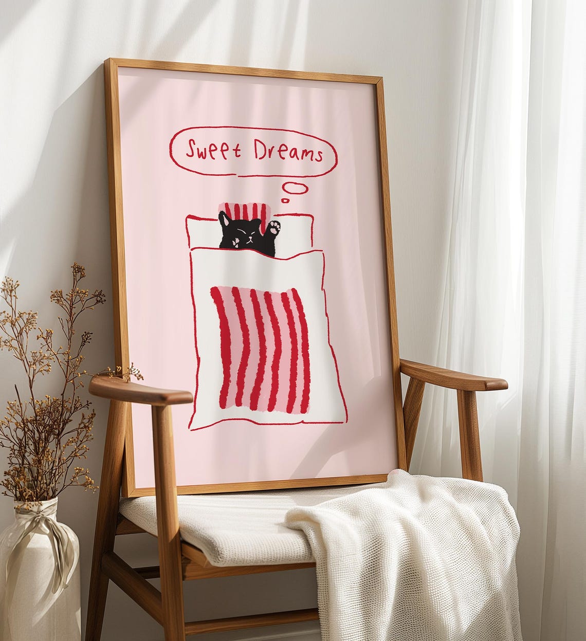 Sweet Dreams Black Cat In Bed Pink Cute Bedroom Wall Art Decor - Image 4