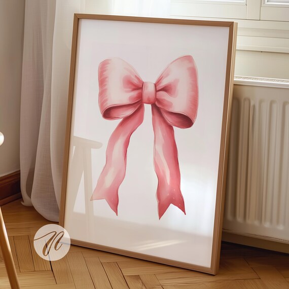 Watercolor Pink Bow Coquette Preppy Girly Room Decor Wall Art