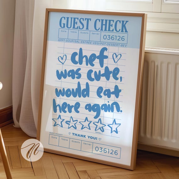 Kitchen Blue Wall Art Decor Cute Cooking Guest Check Prints Coastal Beachy Chef Print Modern Apartment