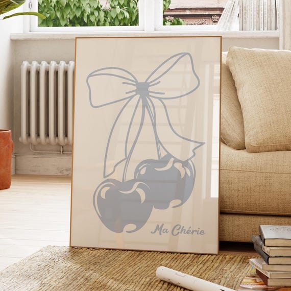 Blue Cherry Bow Print Ma Cherie Poster Preppy Room Wall Art Coastal Cowgirl College Apartment Decor Cute Girly