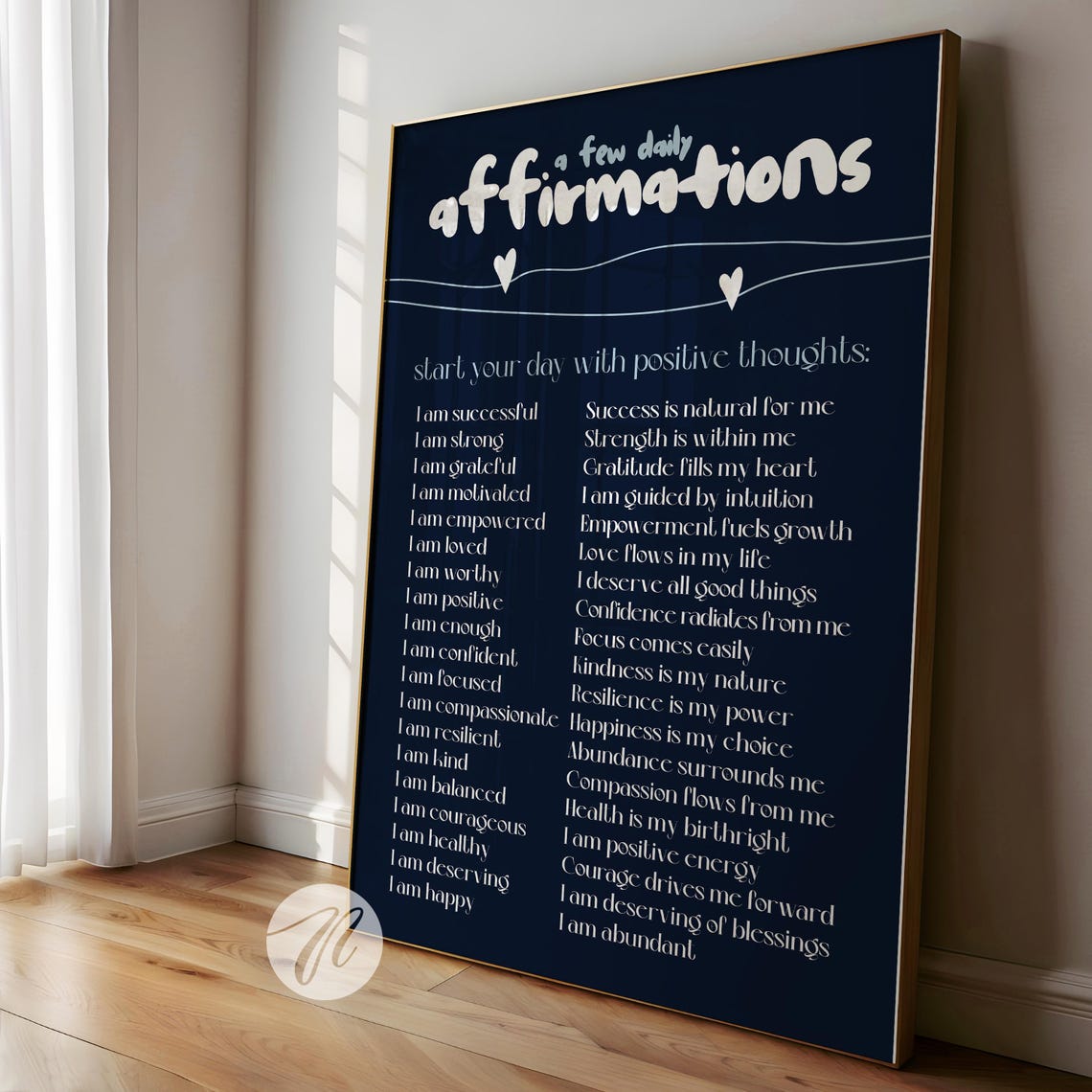 Daily Affirmations Navy Blue Positive Thoughts Reminder Wall Poster