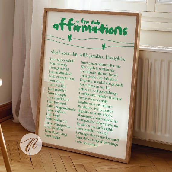 Daily Affirmations Sage Wall Print Preppy Y2k Dorm Room Decor Trendy Cute Retro Positive Reminders College Apartment Art