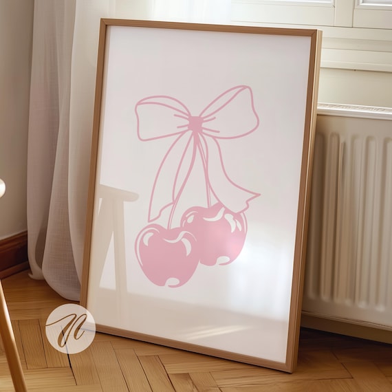 Pink Bow Cherry Art Print, Preppy Wall Decor