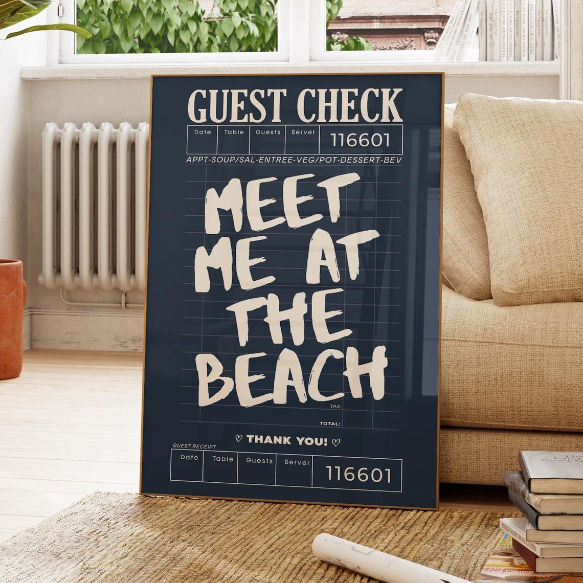 Meet Me At The Beach Navy Blue Guest Check Coastal Kitchen Poster