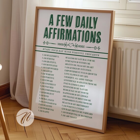 Daily Affirmations Sage Green Positive Mindset Quotes Wall Art