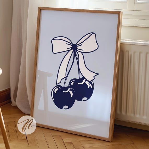 Navy Blue Cherry Bow Print Coquette Room Decor Preppy Wall Art Coastal Cowgirl College Apartment Girly Balletcore