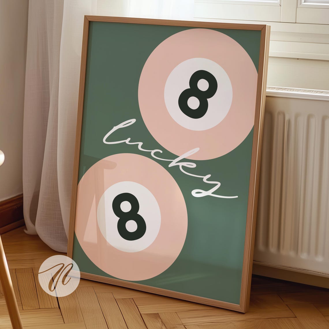 Lucky Sage Green Double 8 Ball Pool Trendy Retro Script Print