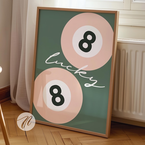 Lucky Sage Green Double 8 Ball Pool Trendy Retro Script Print