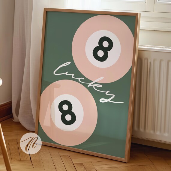 Retro 8 Ball Lucky Girl Poster Sage Green And Pink Trendy Apartment Decor Funky Y2k Vintage Pool Wall Art