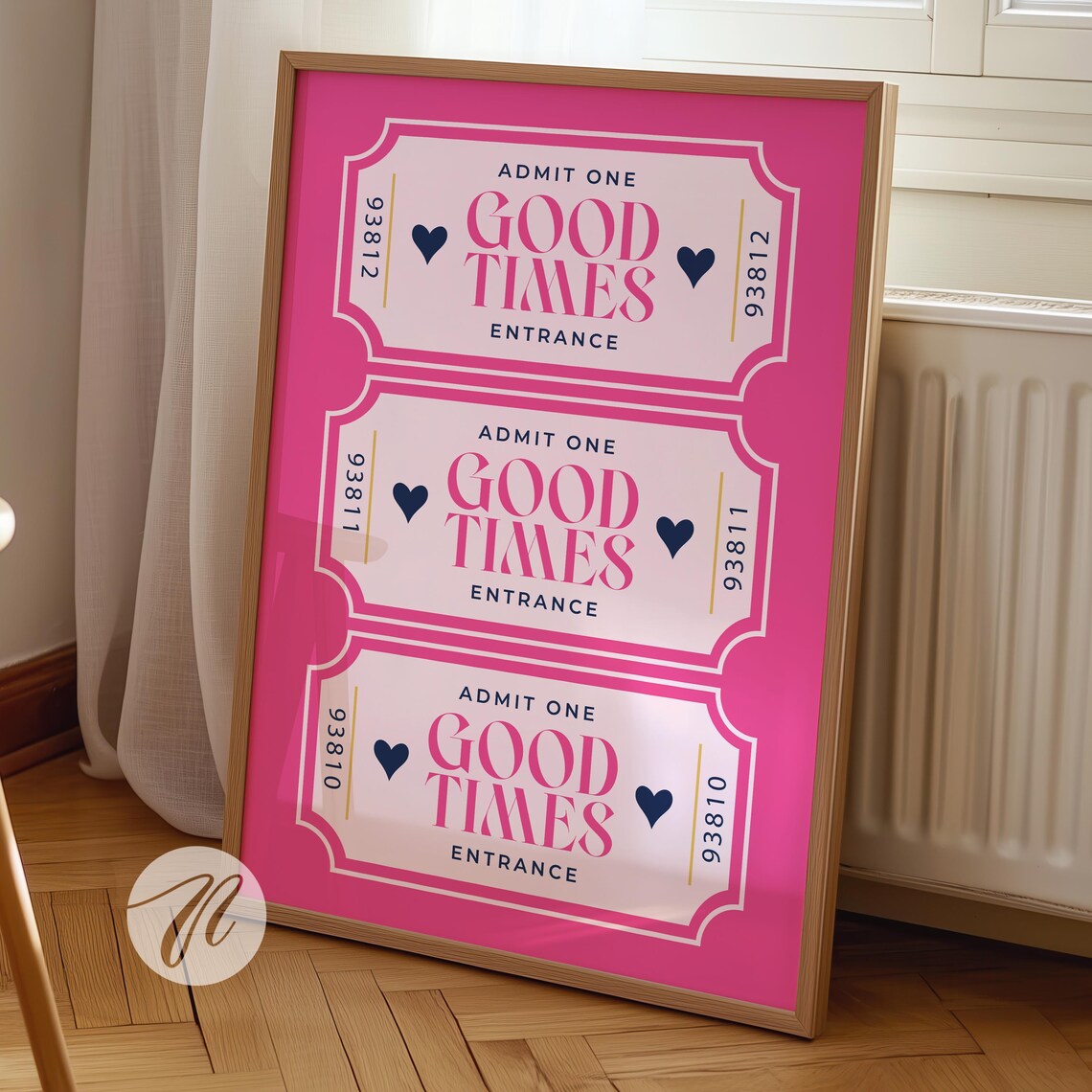 Good Times Admit One Ticket Poster Pink Retro Bar Cart Trendy Wall Decor