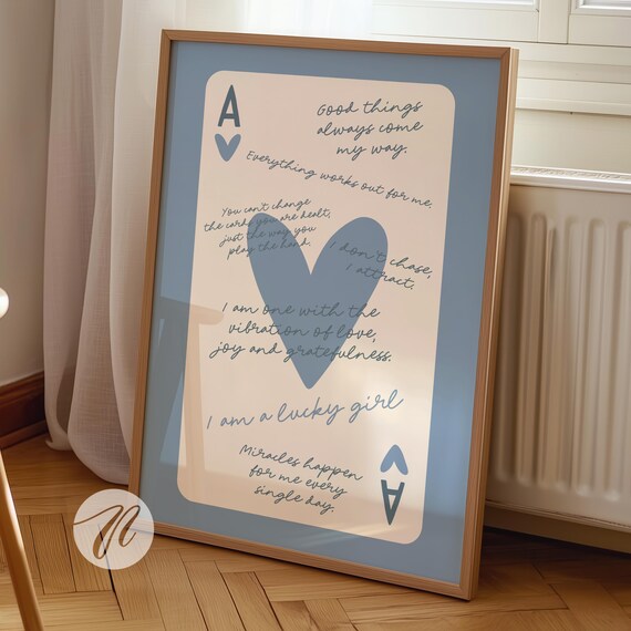 Lucky Girl Affirmations Ace Of Hearts Blue Typography Decor Wall Art