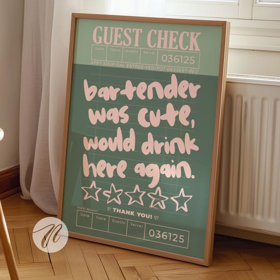 Guest Check Prints Trendy Wall Art Sage Green And Pink Poster Preppy Decor Retro Bar Cart