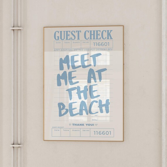 Meet Me at the Beach Guest Check Blue Coastal Typography Wall Art