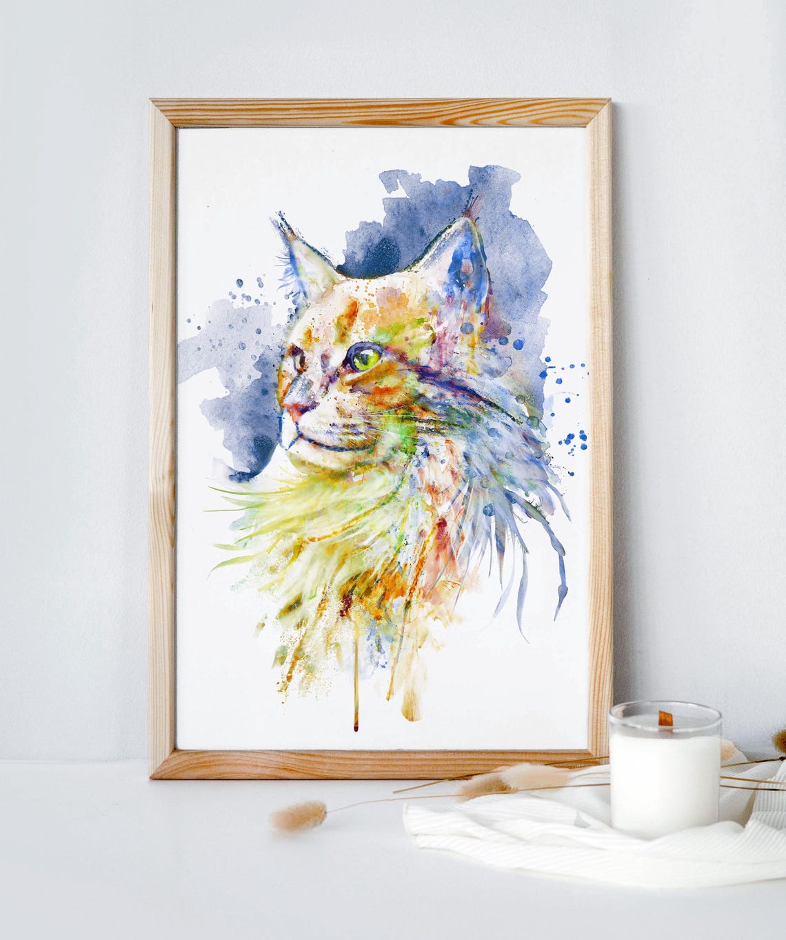 Fluffy Orange Maine Coon Cat Watercolor Feline Portrait Wall Print