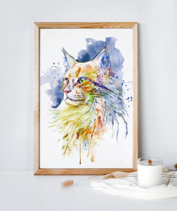 Fluffy Orange Maine Coon Cat Watercolor Feline Portrait Wall Print