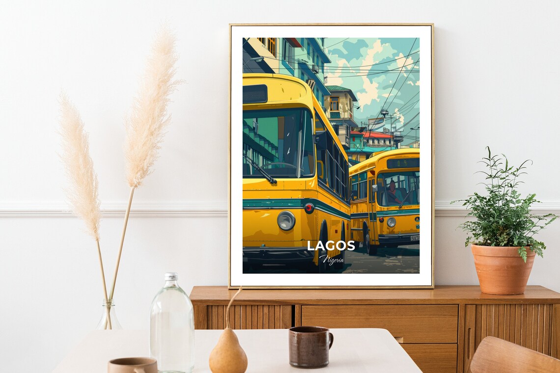 Lagos Nigeria Iconic Yellow Danfo Buses Street Scene Travel Poster - Image 2