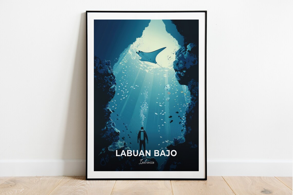 Labuan Bajo Manta Ray Diver Underwater Cave Indonesia Vintage Travel Poster