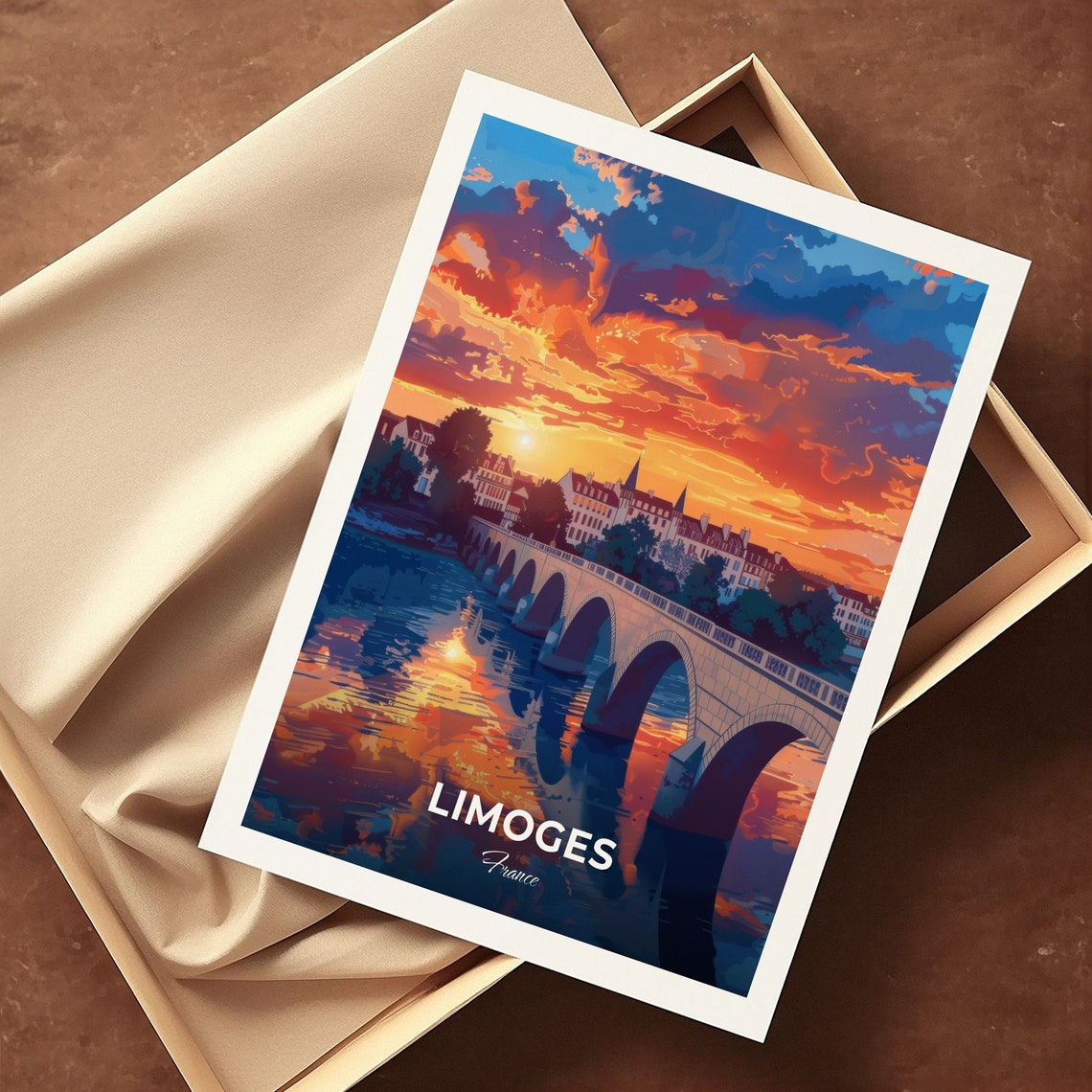 Limoges France Old Stone Bridge River Sunset Reflections Travel Poster - Image 3