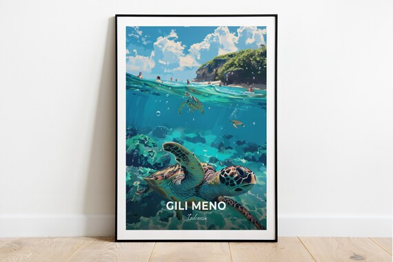 Gili Meno Travel Poster Turtle Sanctuary City Print Cityscape Artwork Birthday Wedding Gift Wall Art Location Print Home Decor