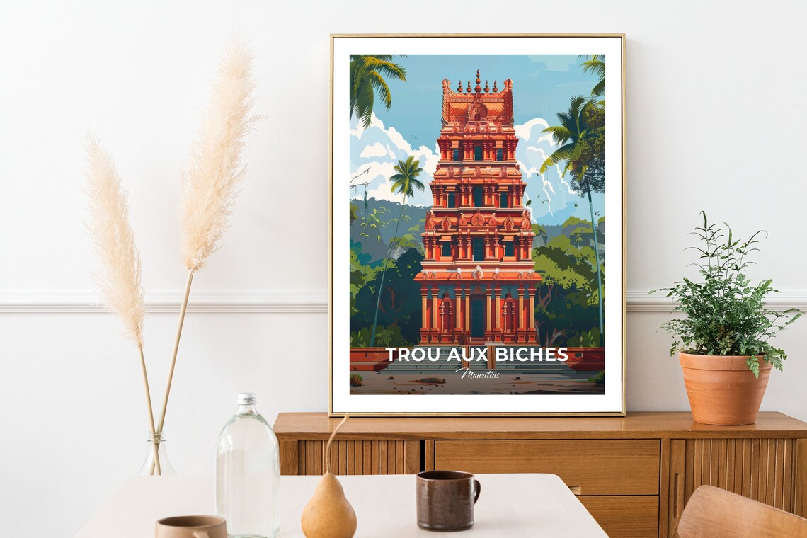 Trou aux Biches Mauritius Hindu Temple Gopuram Palm Garden Travel Poster - Image 2