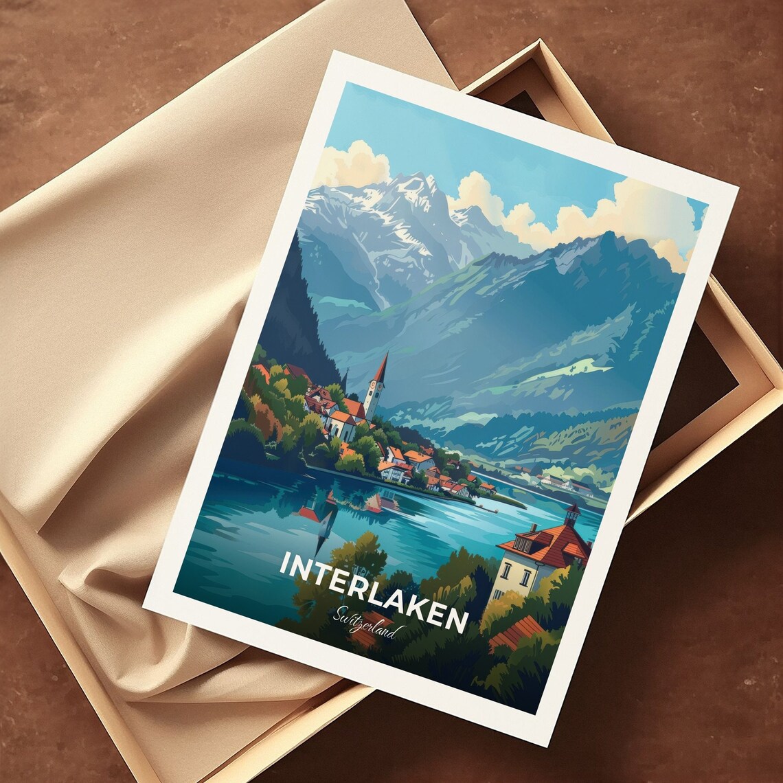 Interlaken Aare River Alpine Village Church Lake View Travel Poster - Image 3