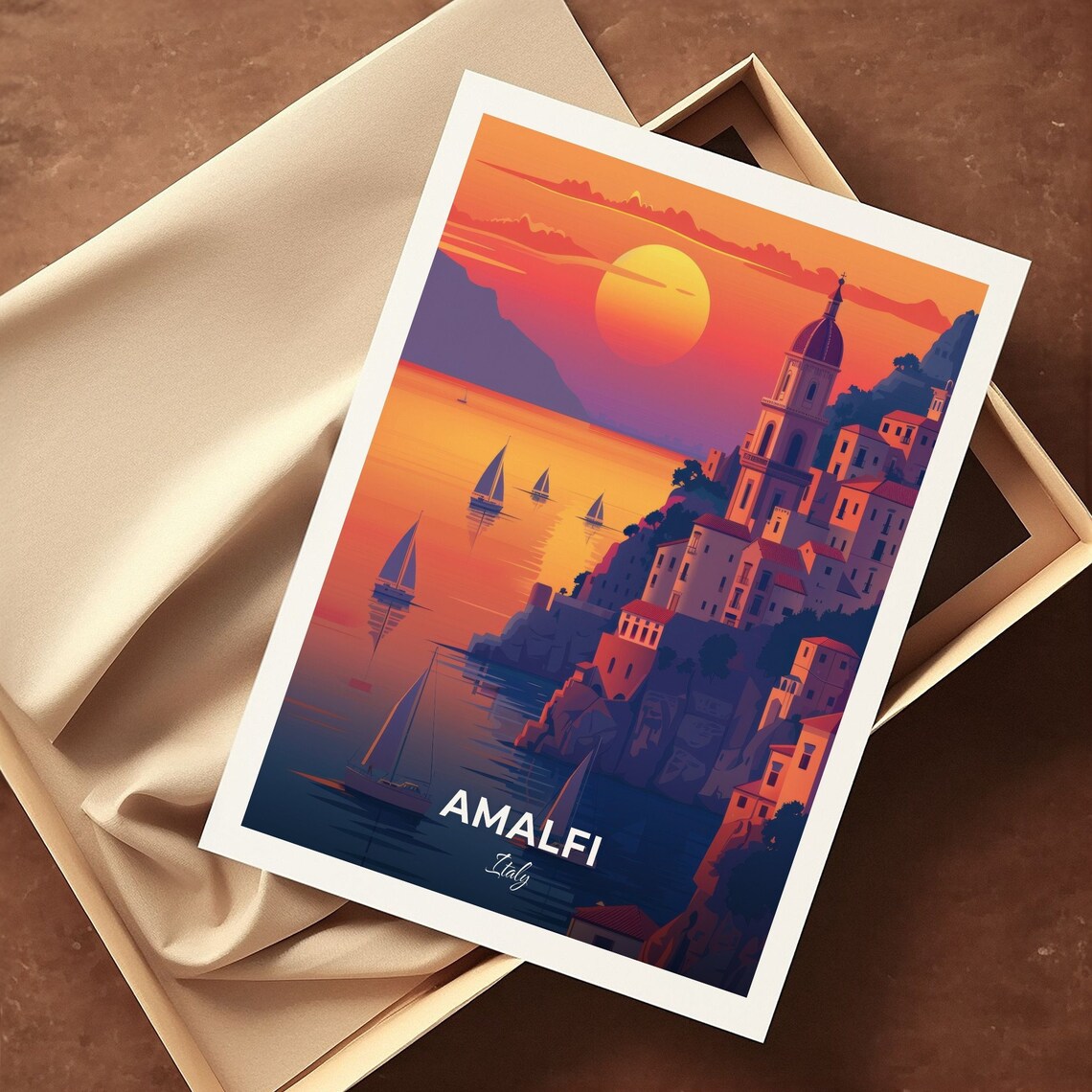 Amalfi Italy Cliffside Sunset Sailboats Coastline Travel Poster - Image 3