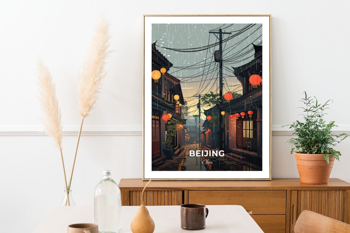 Beijing China Rainy Hutong Lantern Street Evening Travel Poster - Image 2
