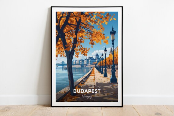 Budapest Autumn Riverside Promenade Parliament Golden Leaves Poster