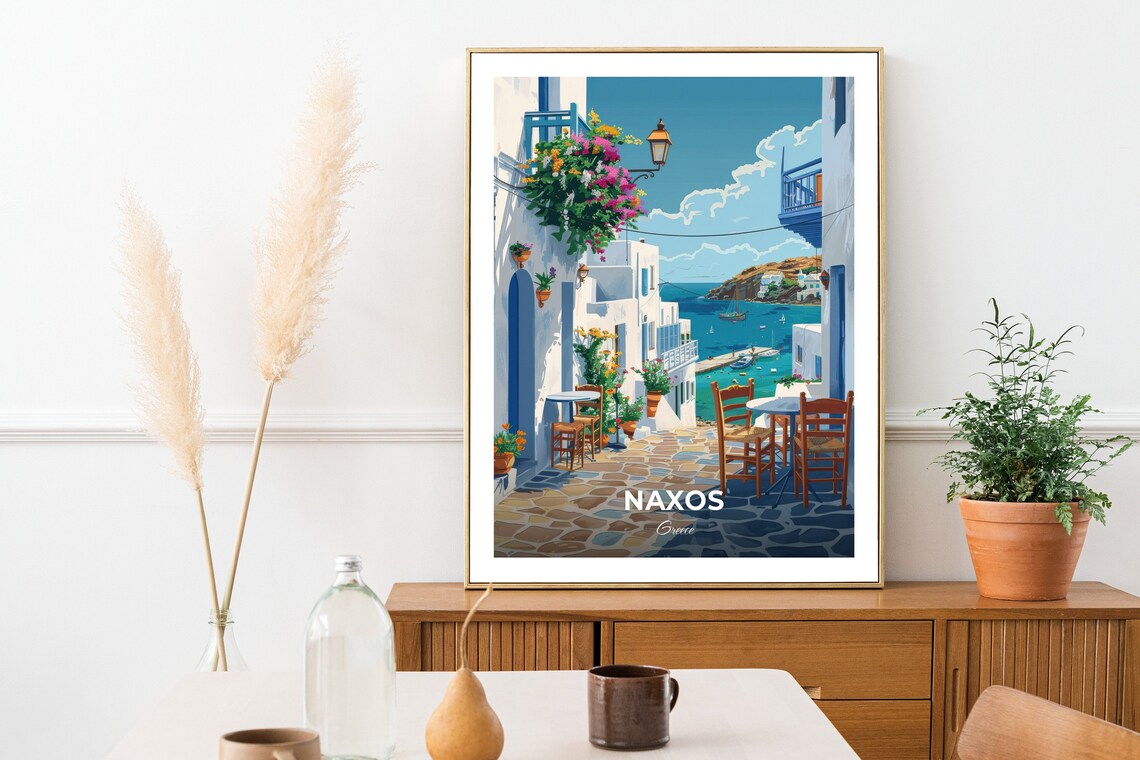 Naxos Greece Old Town Whitewashed Street Bougainvillea Sea Travel Poster - Image 2