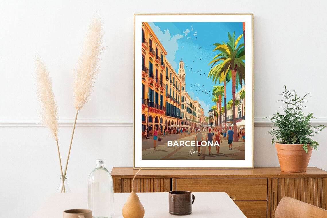 Barcelona Spain Placa Reial Palm Square Crowds Vintage Travel Poster - Image 2