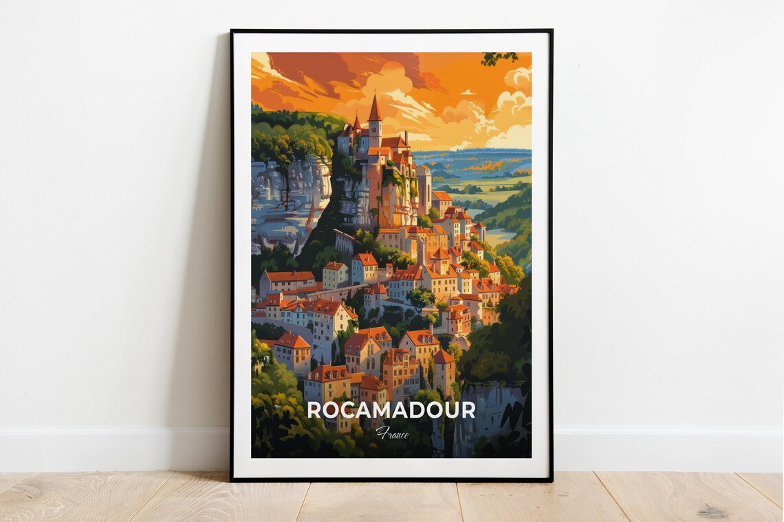 Rocamadour France Medieval Village Sunset Golden Travel Poster