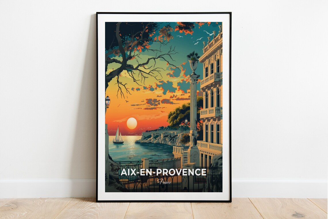 Aix en Provence France Sunset Harbor Terrace Vintage Travel Poster
