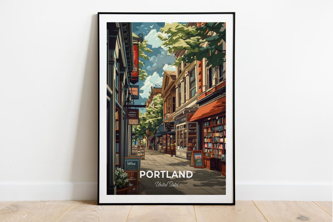 Portland Travel Poster Powells City Of Books City Print Cityscape Artwork Birthday Wedding Gift Wall Art Location Print