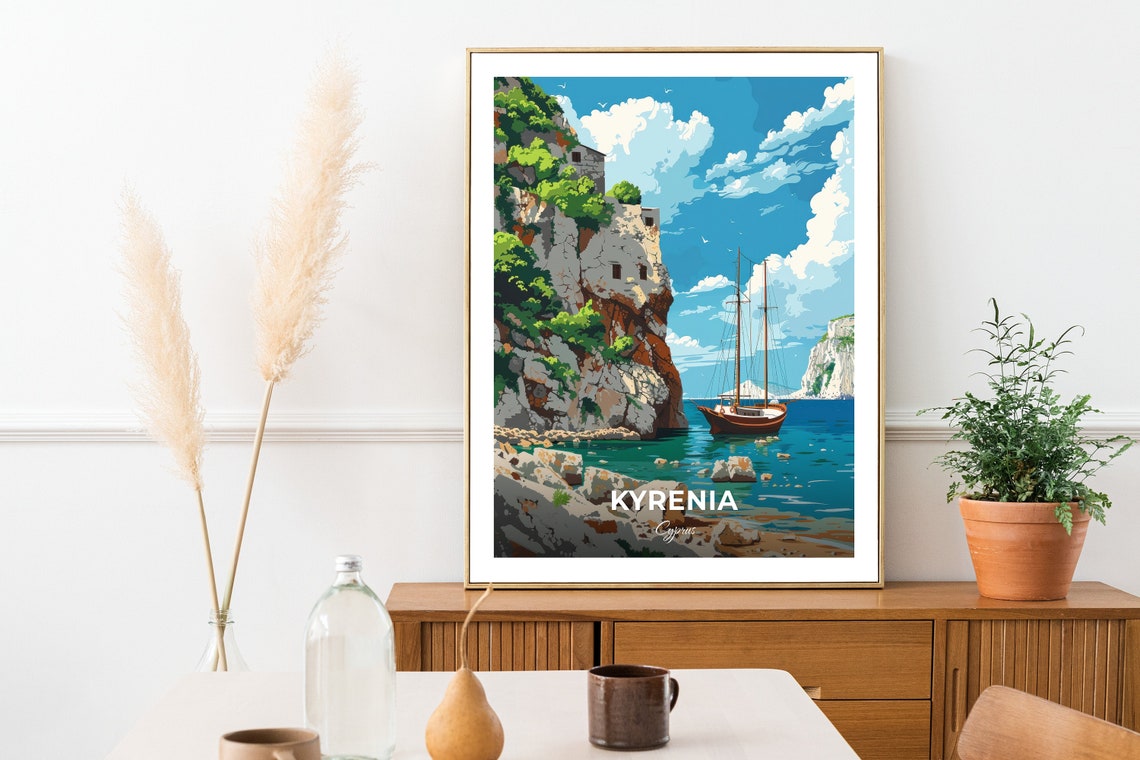 Kyrenia Cyprus Coastal Cliffs Sailing Ship Cove Travel Poster - Image 2