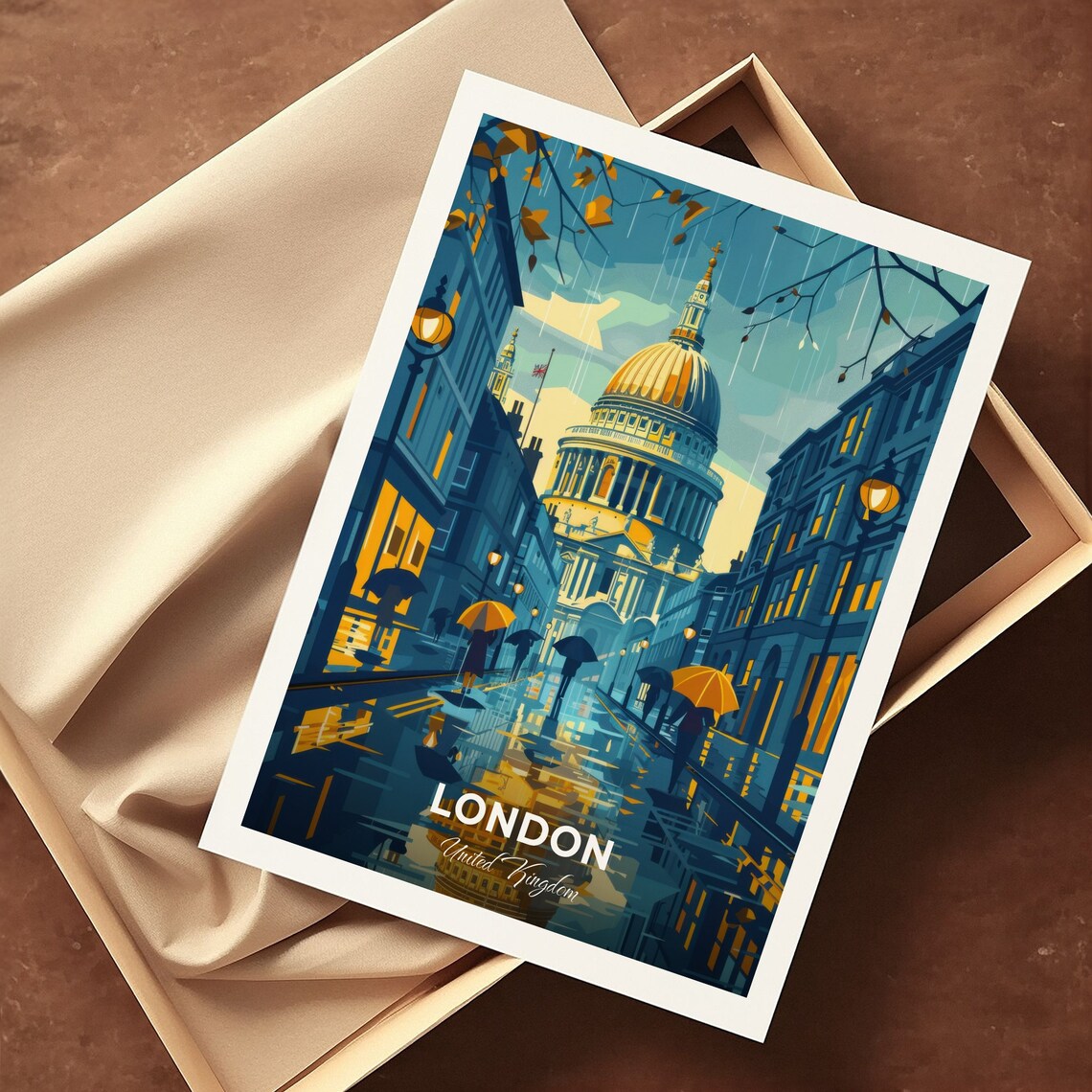 London England St Pauls Cathedral Rainy Umbrella Scene Poster - Image 3