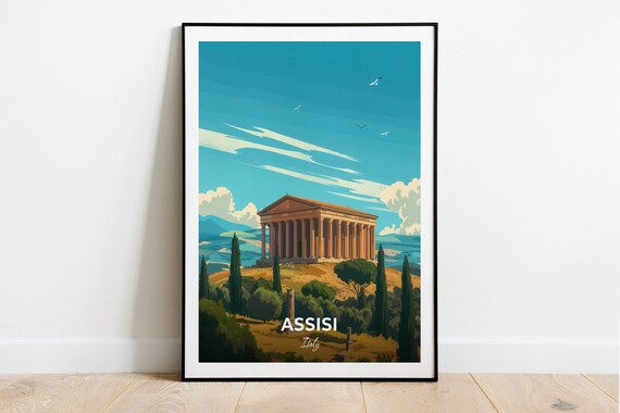 Assisi Italy Ancient Roman Temple Hilltop Cypress Travel Poster