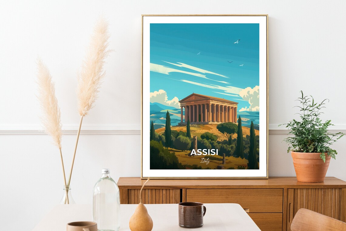 Assisi Italy Ancient Roman Temple Hilltop Cypress Travel Poster - Image 2