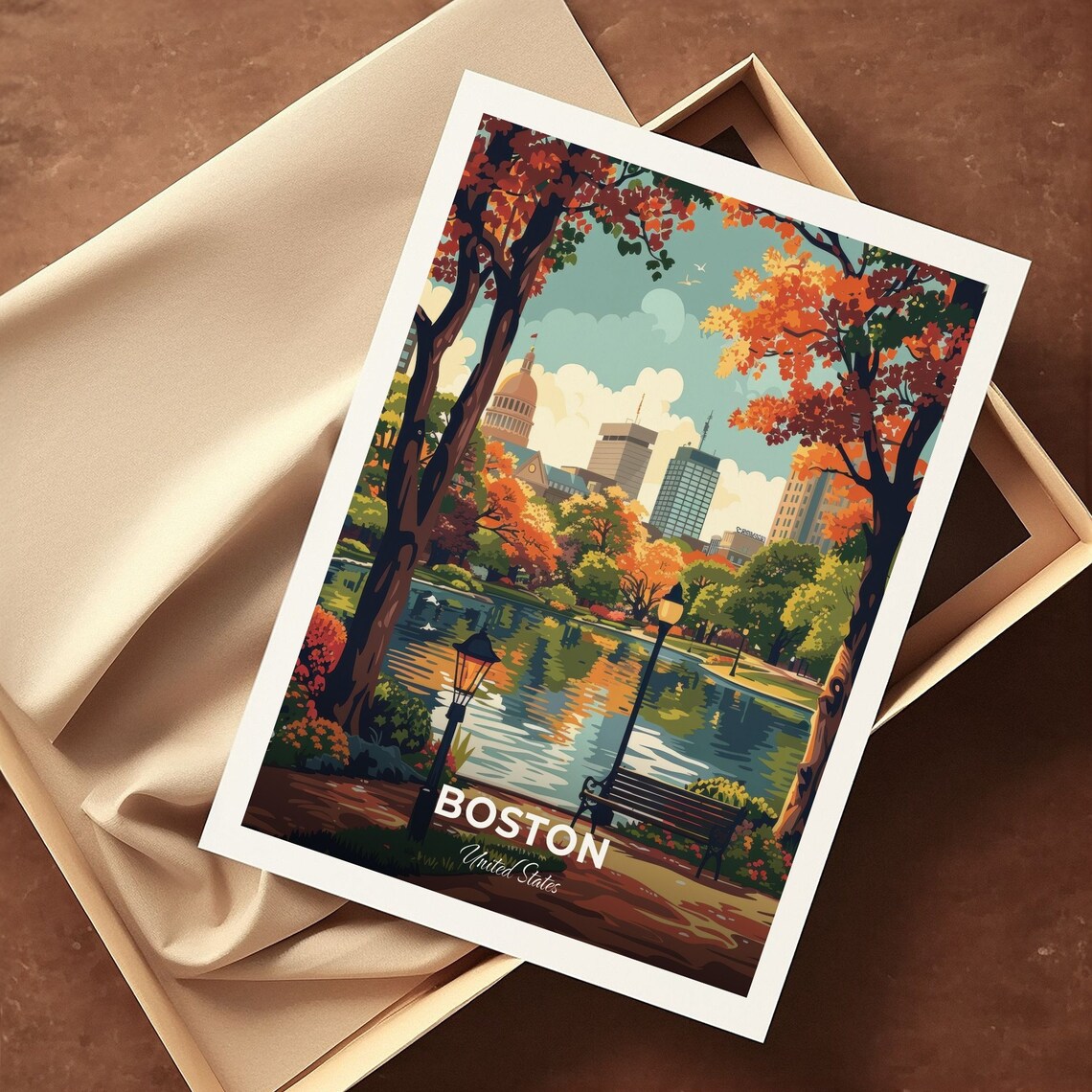 Boston Public Garden Autumn Pond Golden Dome Skyline Travel Poster - Image 3