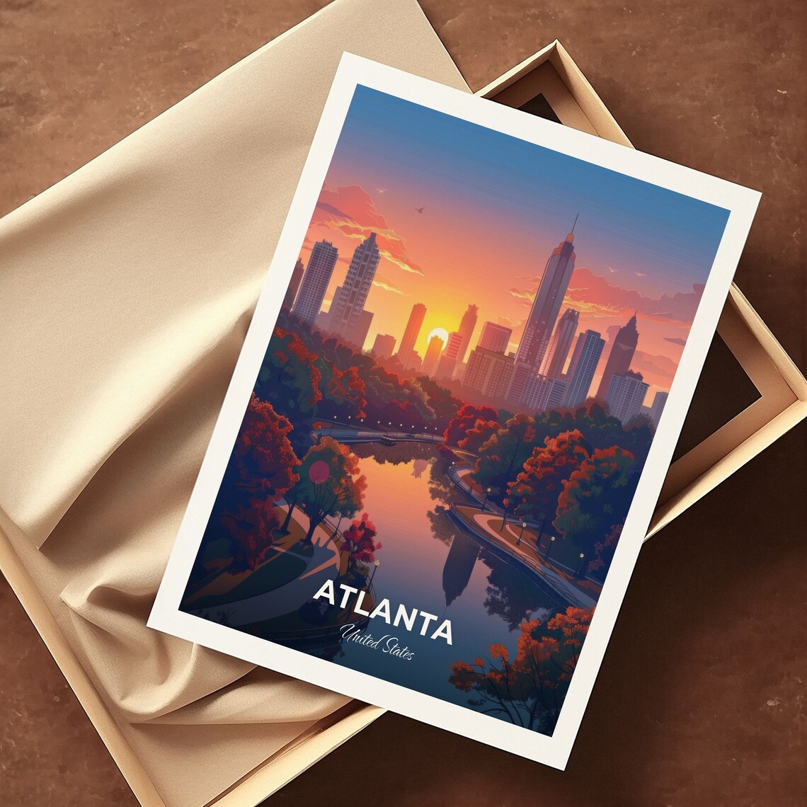 Atlanta United States Sunset Skyline Park Lake Reflections Art Poster - Image 3