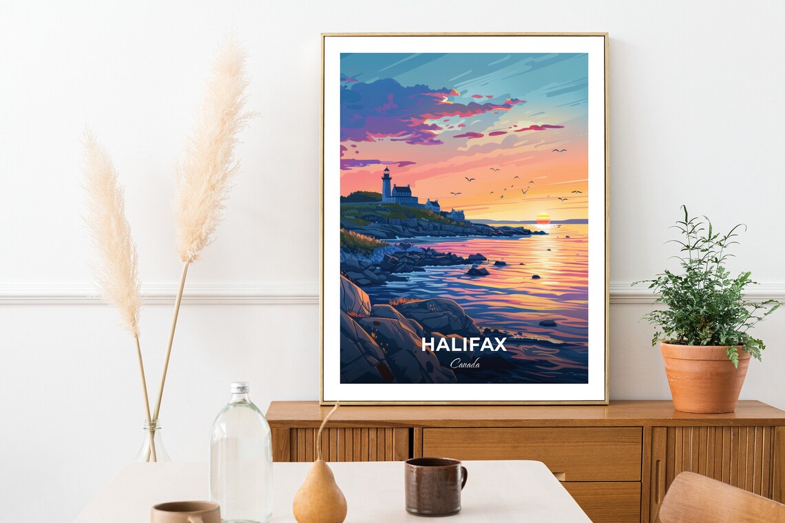 Halifax Canada Lighthouse Rocky Coast Golden Sunset Ocean Travel Poster - Image 2