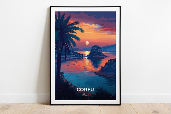 Corfu Greece Mouse Island Sunset Palm Sea View Travel Poster