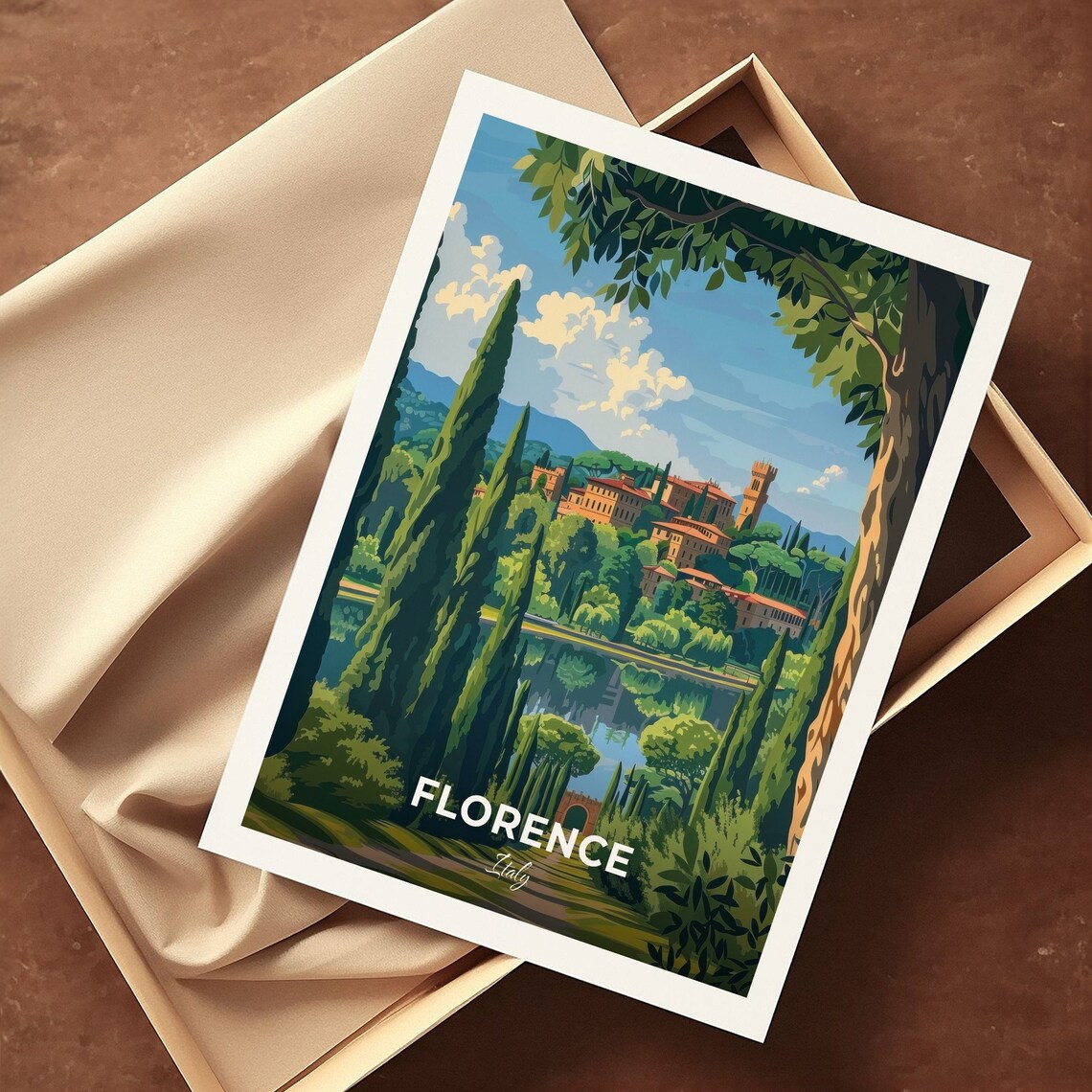 Florence Italy Boboli Gardens Cypress Lake Vintage Travel Poster - Image 3