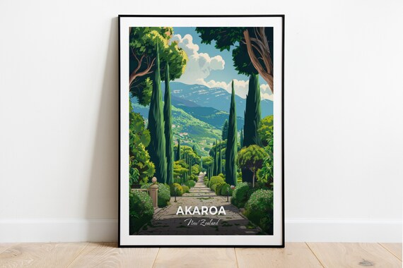 Akaroa Garden of Tane Cypress Path Hills New Zealand Vintage Travel Poster