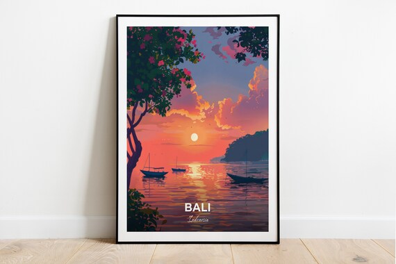 Bali Lovina Beach Sunset Boats Orange Sky Tropical Travel Poster